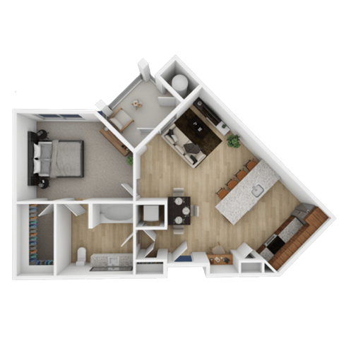 Floor plan for 1 bed, 1 bath, 733 sqft